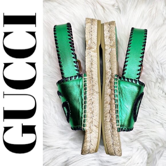 NWT GUCCI Nappa Silk Leather GG Logo Metallic Green Platform Espadrilles, 35 - Picture 6 of 14